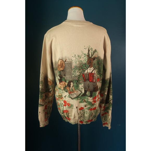 Womens Crewneck Cream Cozy Sweater Whimsical Folk Woodland Deer Cottagecore M - Picture 11 of 13